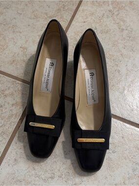 Etienne Aigner Black Leather Pumps with Gold Bar Accent